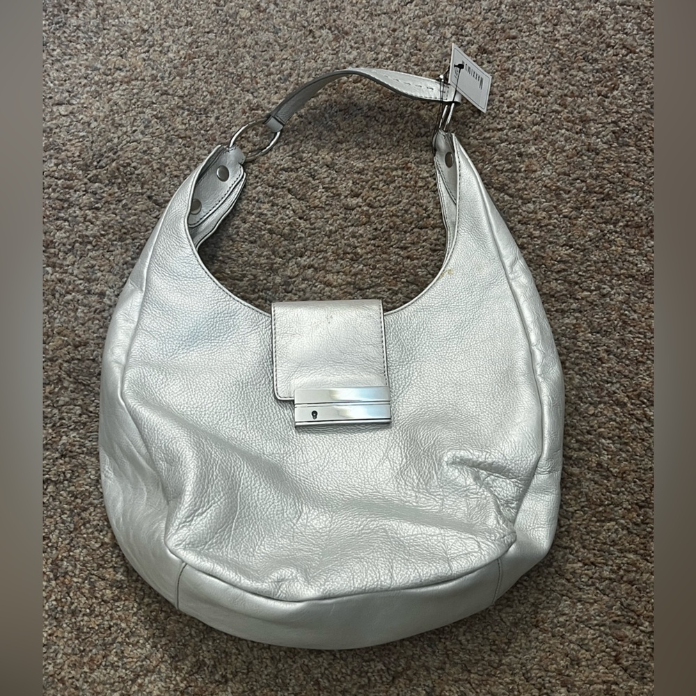 NWT - Maxximum Silver Leather Hobo Shoulder Bag Purse